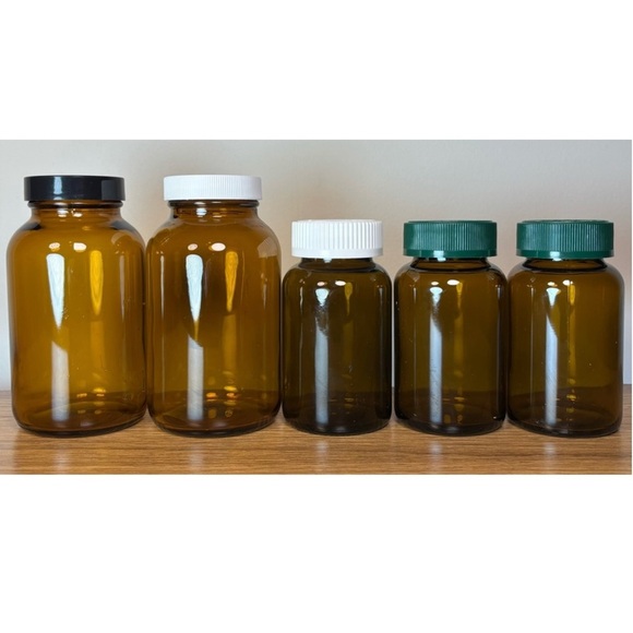 Set of Amber Glass Medicine Bottles Jars with Black White & Green Lids, [5 Jars] - Picture 2 of 5